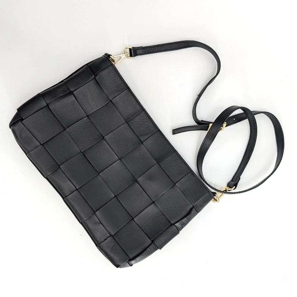 Anna Paola Black Woven Leather Crossbody Bag Made in Italy Gold Hardware